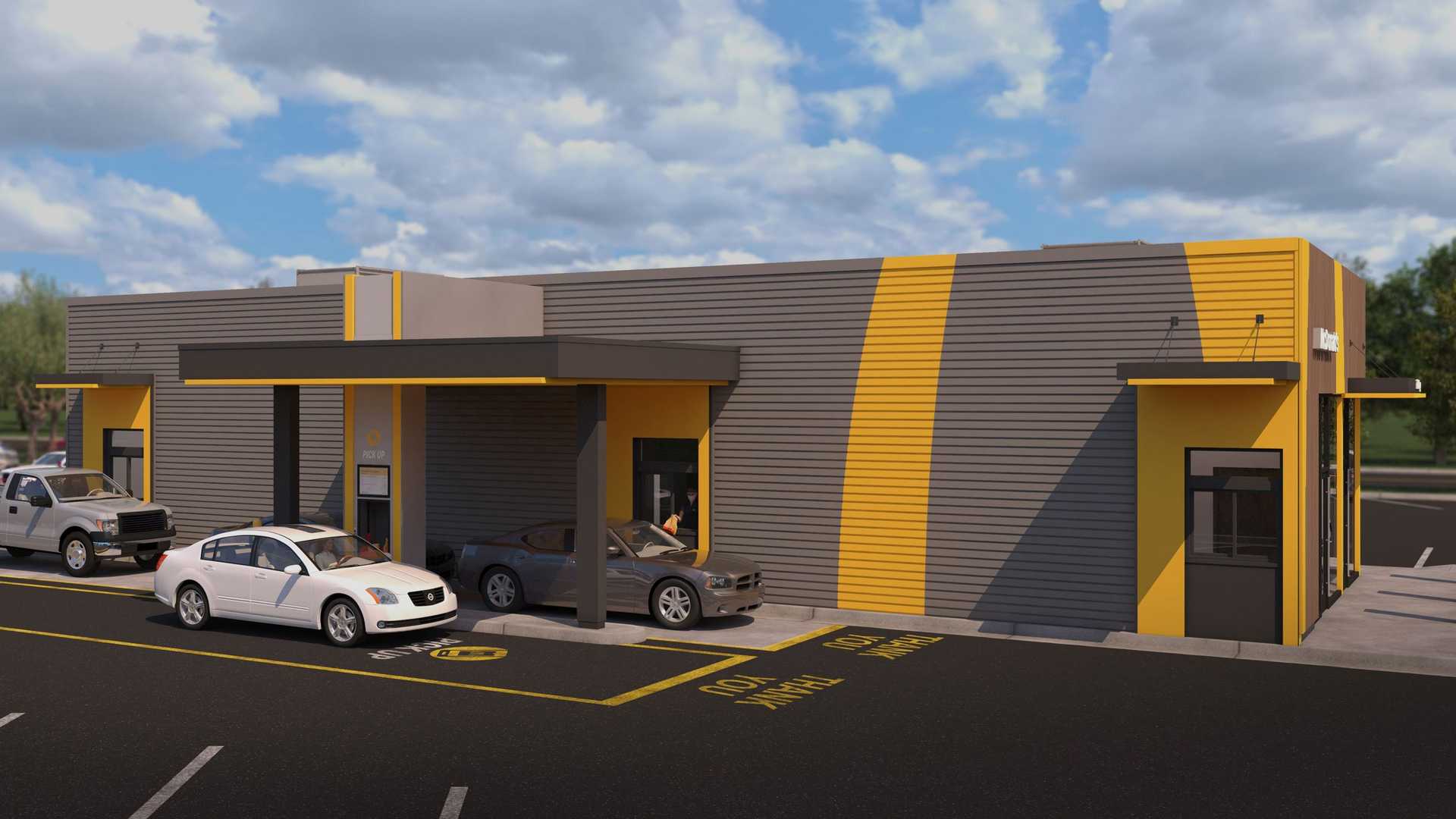 Architect's rendering of a next-generation McDonald's drive-thru restaurant.