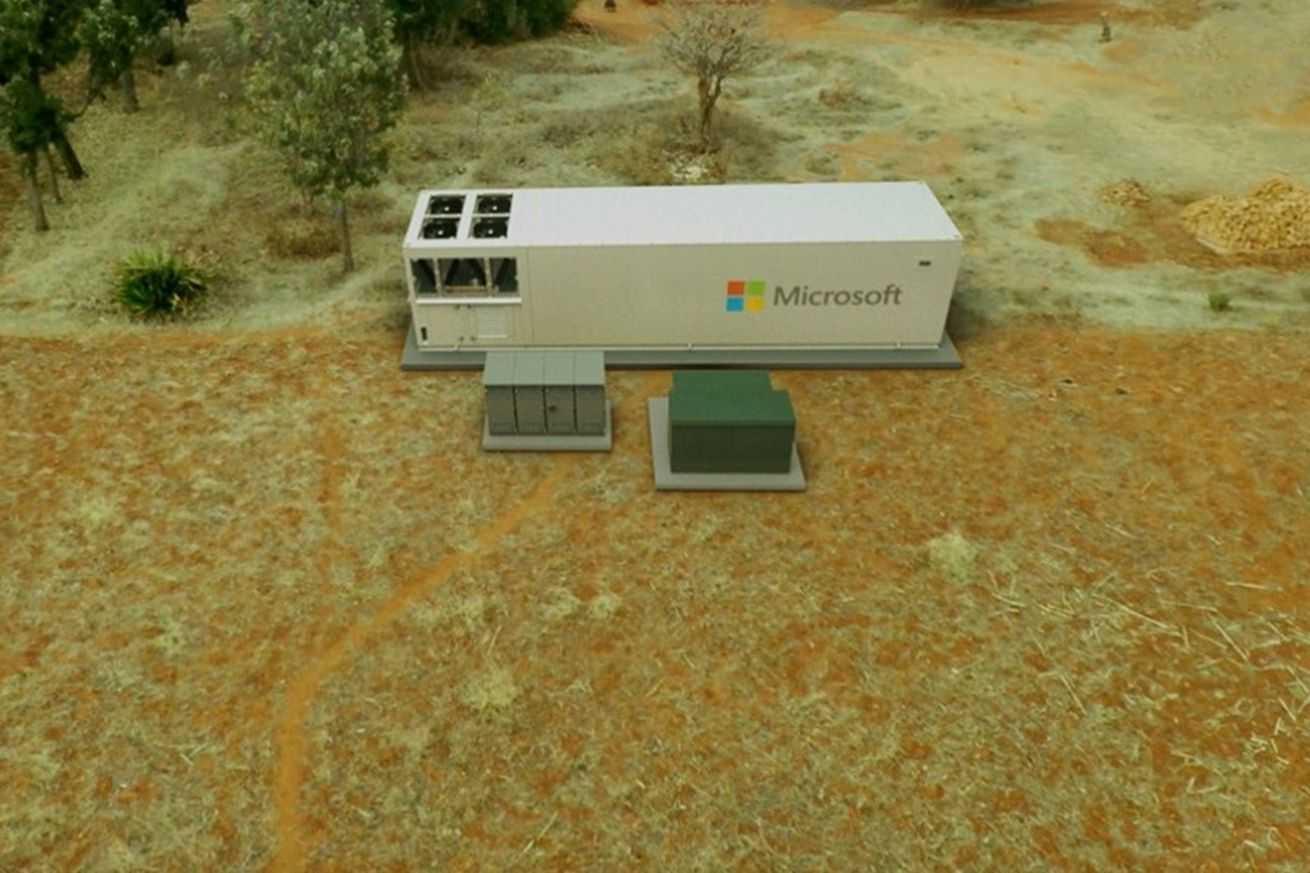 A data center inside a shipping container located in an isolated rural area.