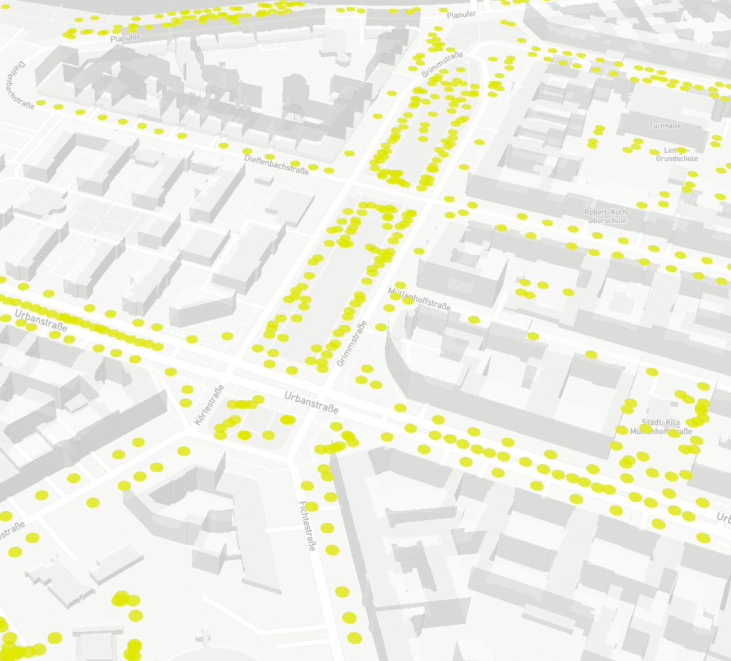 A 3-D view of Berlin indicates the location and care status of street trees.