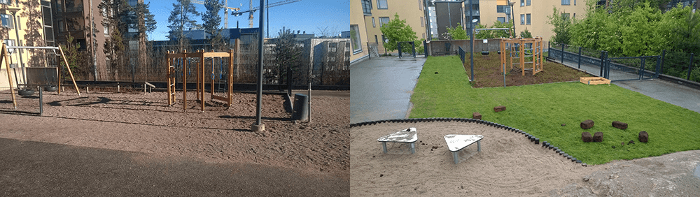 A playground before and after hardscape replaced by plantings.