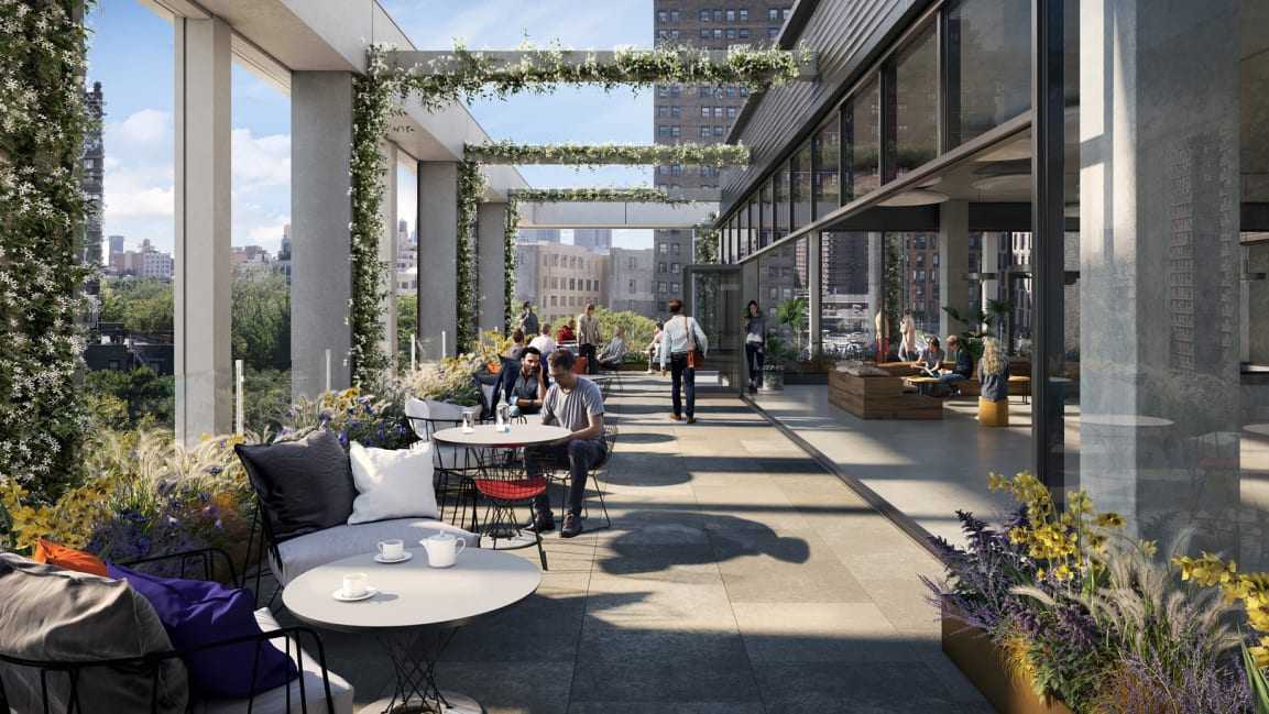 Rendering of a terrace outside an office floor at Essex Crossing in New York City.