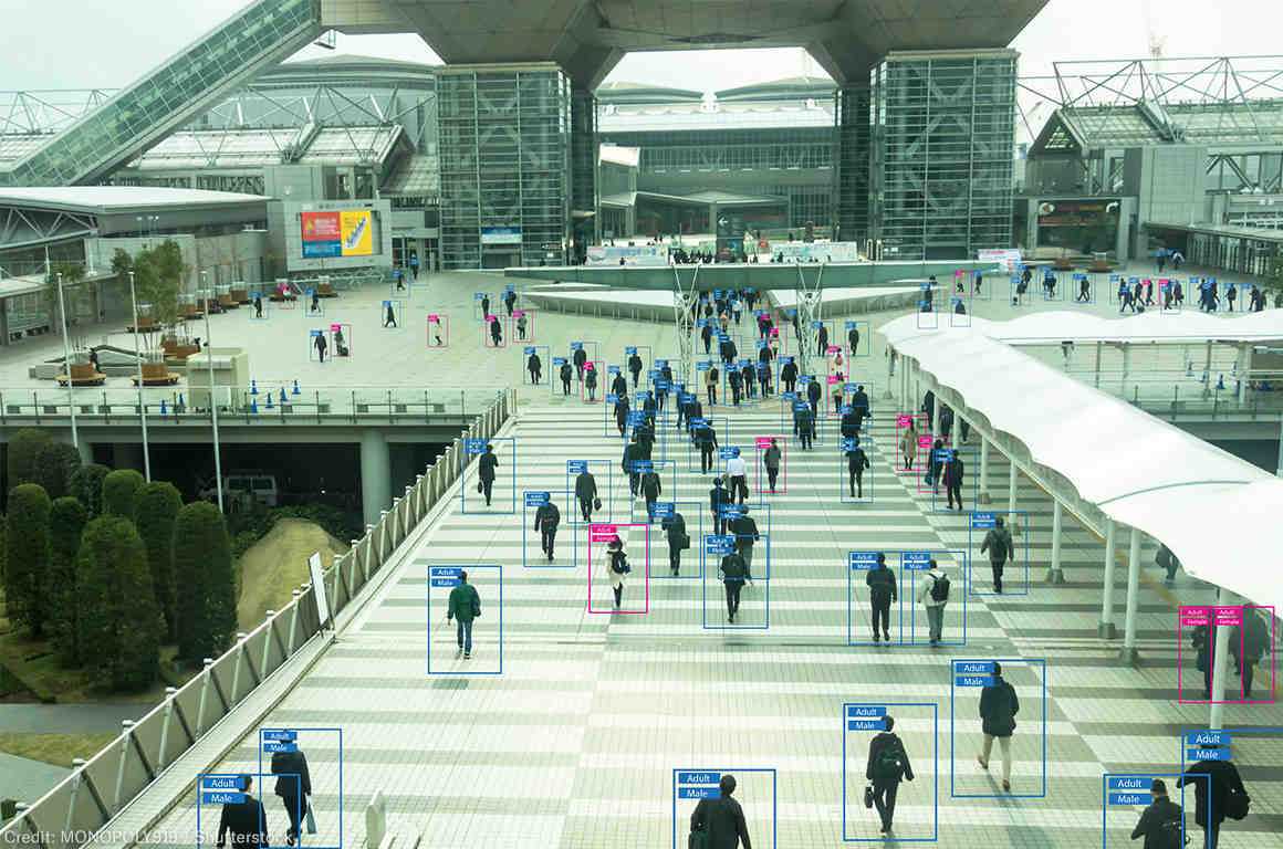 Compute vision analyzes people in a crowded public space.