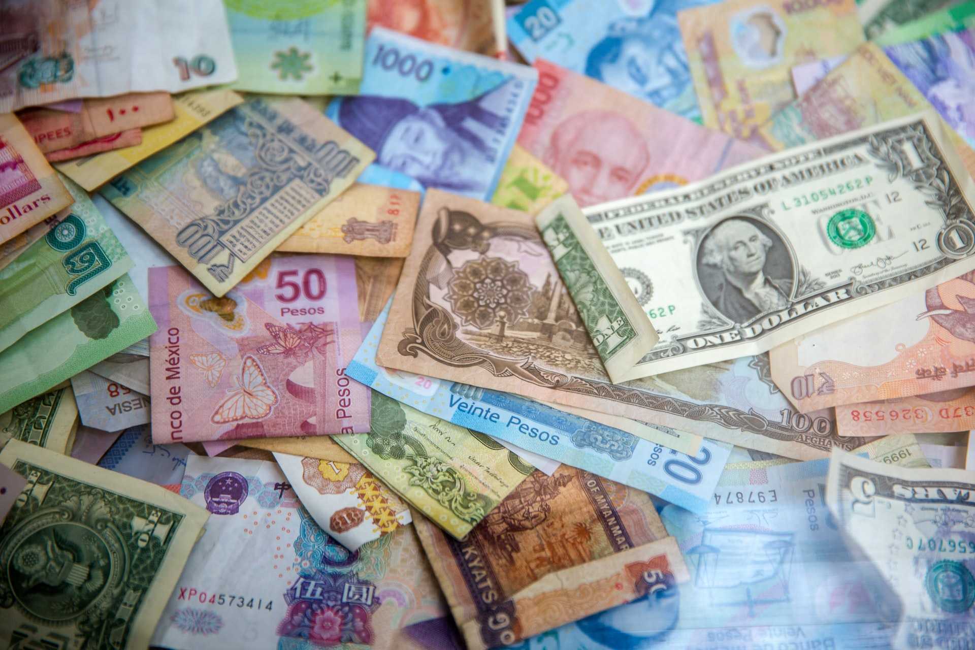 Assortment of bank notes from various countries.