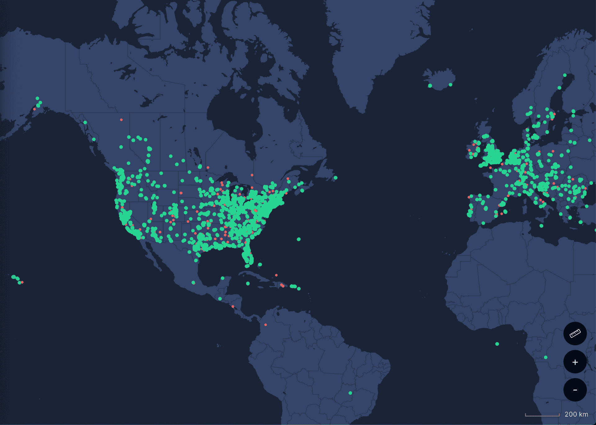 A global map of Helium mesh wireless nodes.