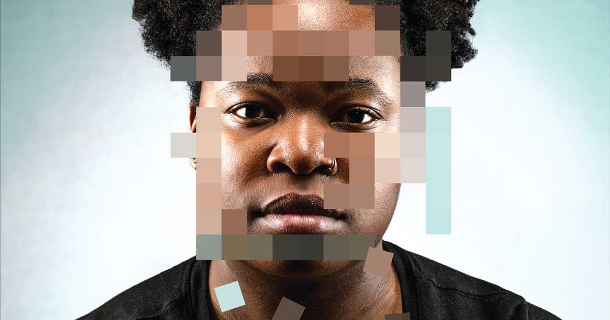 A pixelated image person of color being subjected to examination by software