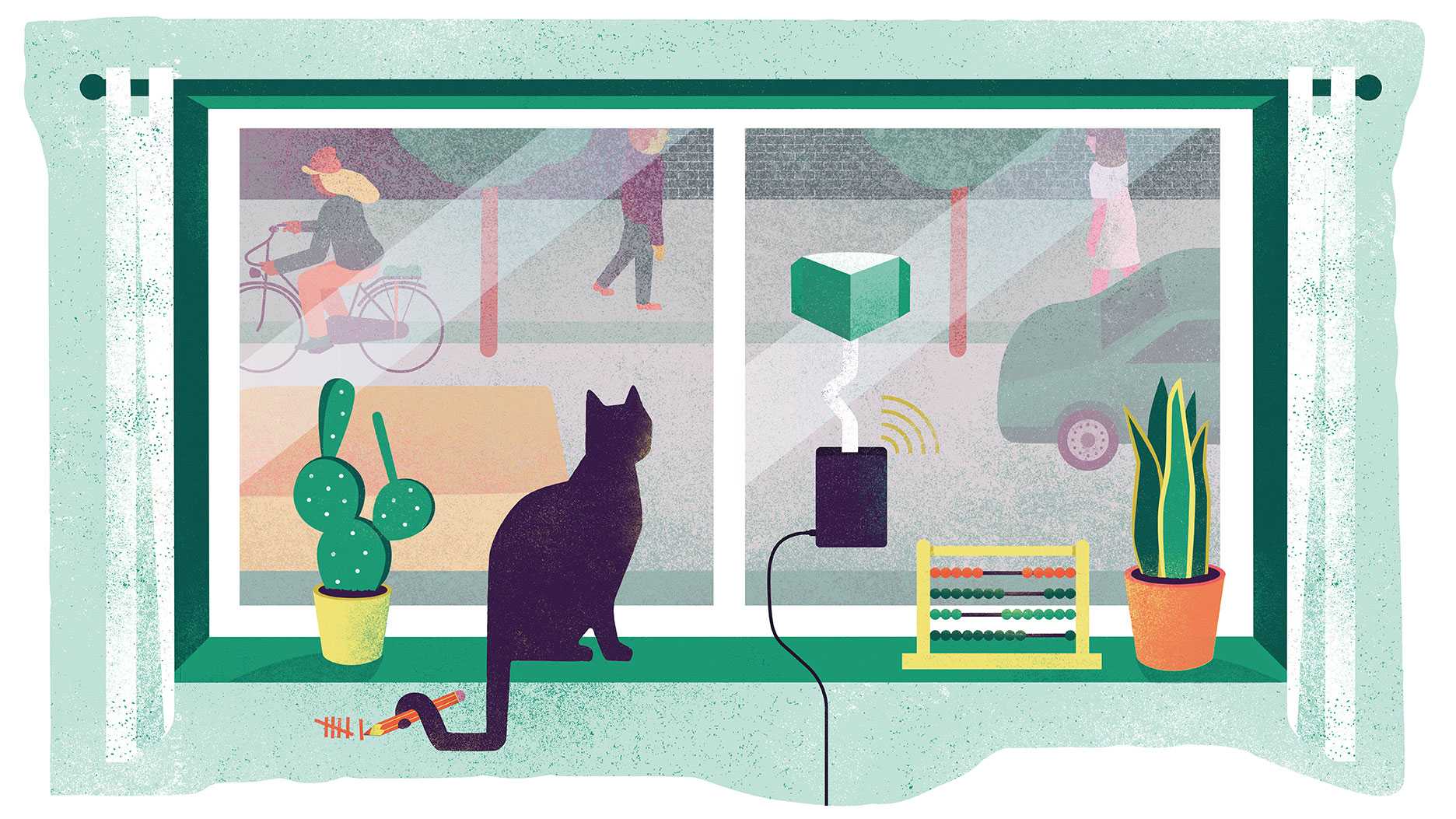 An illustration of a cat and a sensor in a window overlooking a busy street.