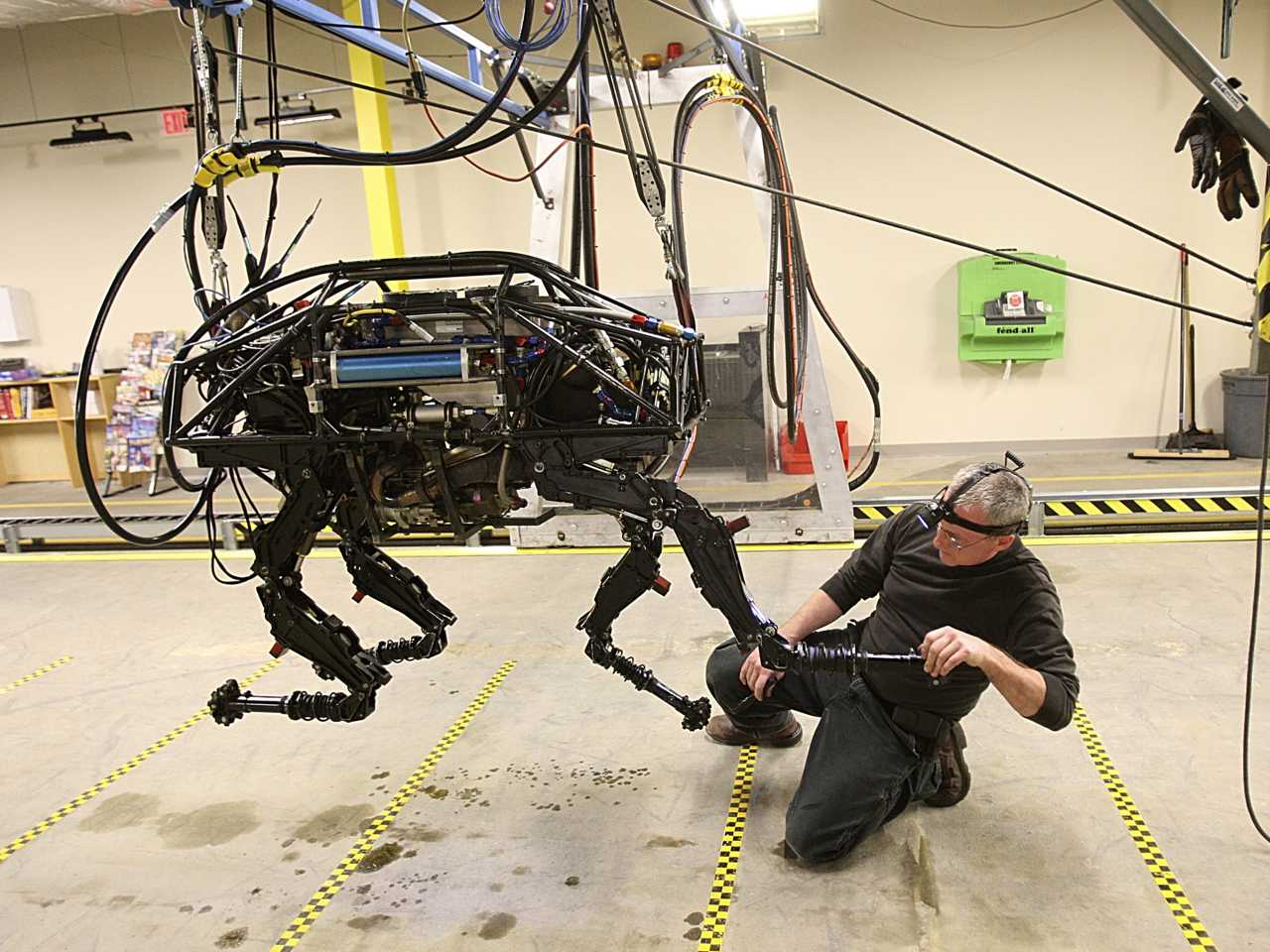 A man repairs a quadruped robot.