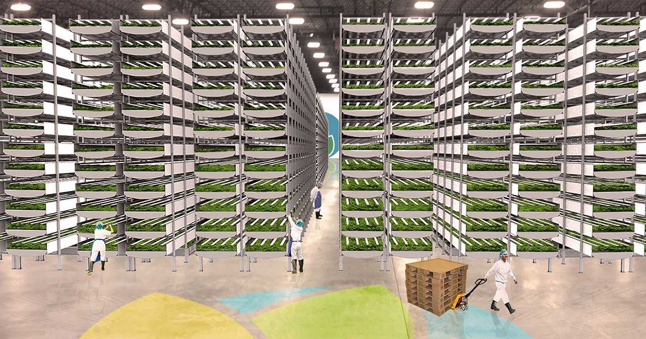 Artist's rendering of a 50-foot-tall indoor vertical farm.