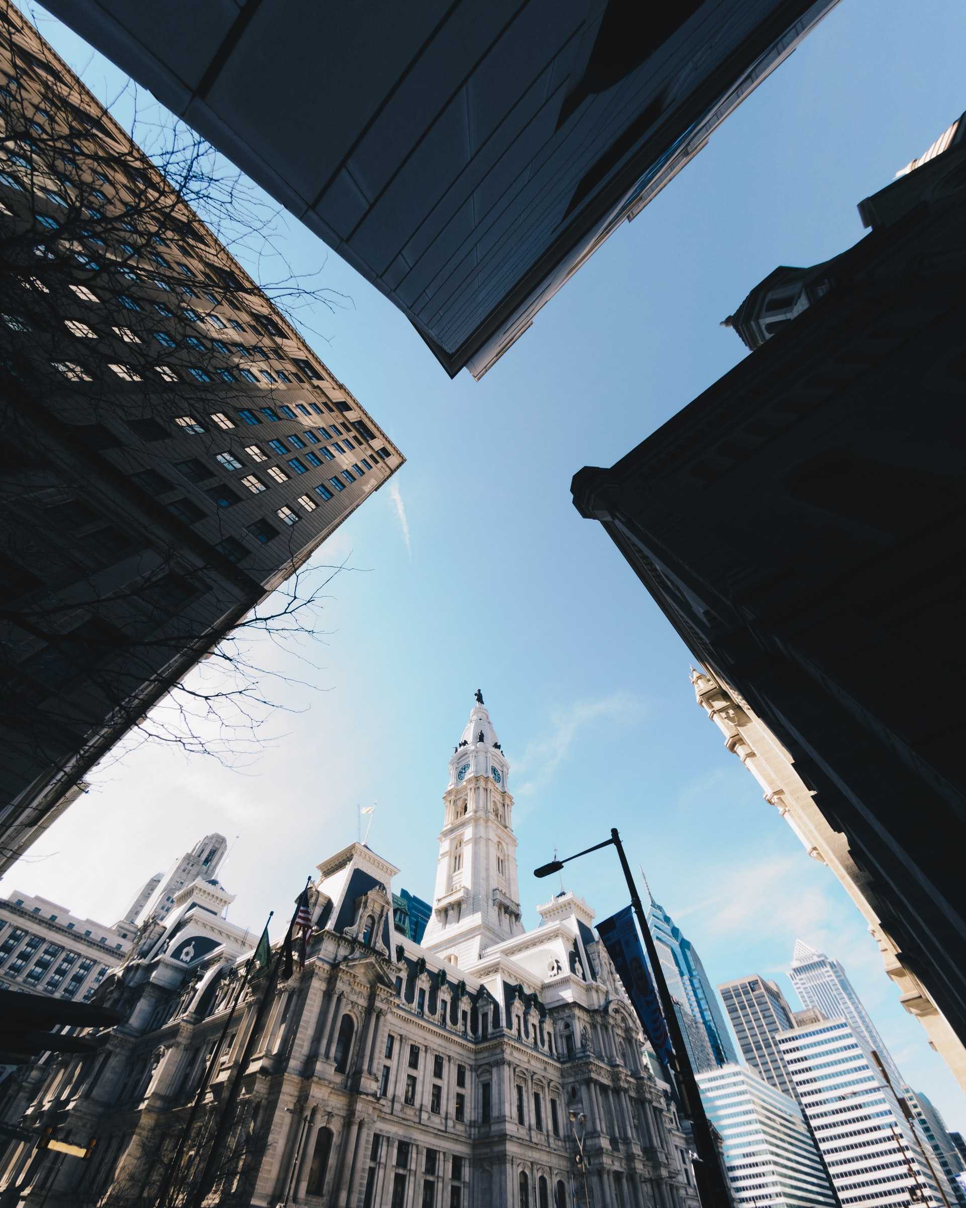 A fisheye view of Philadelphia City Hall from the street.