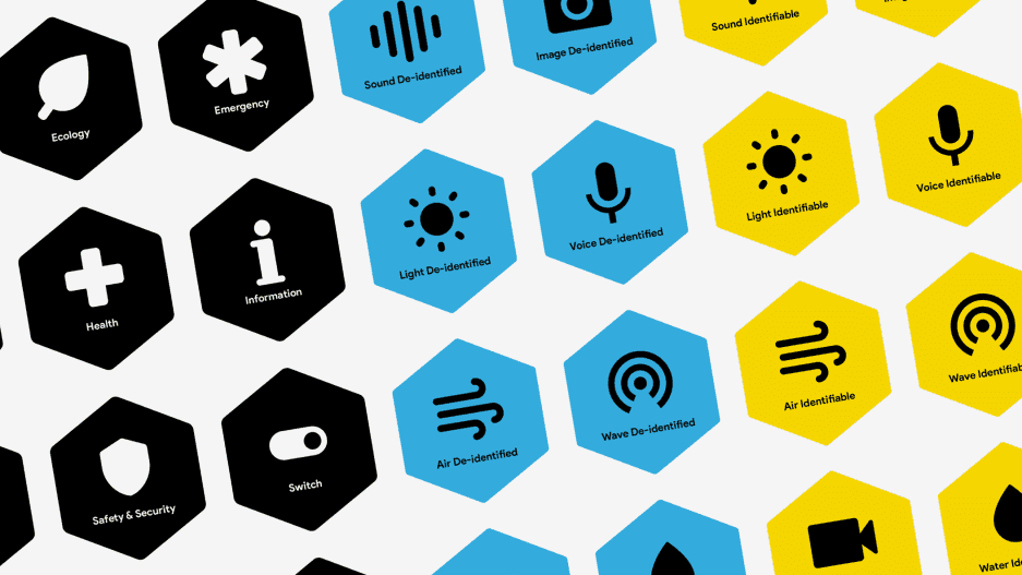 Hexagon icons indicate forms of data collection in public areas.