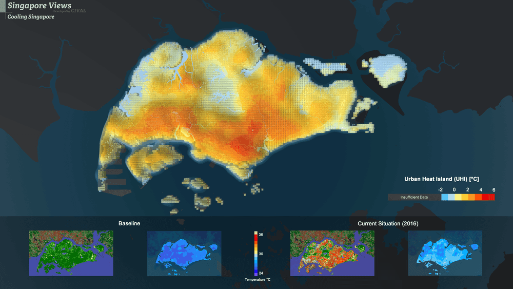 A screenshot from an urban heat island simulation map of Singapore.