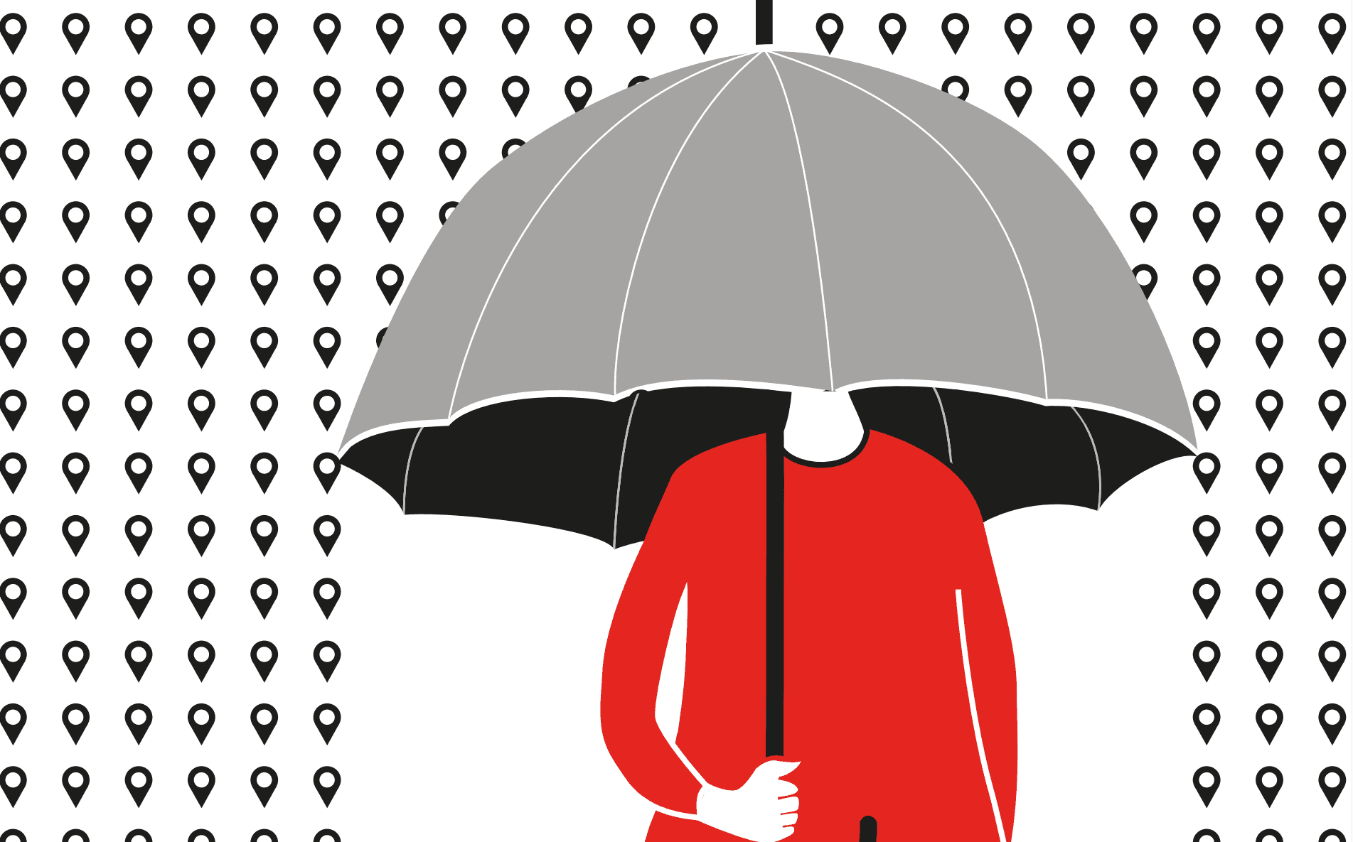 Illustration of a person in a red shirt under an umbrella with digital "rain" falling.