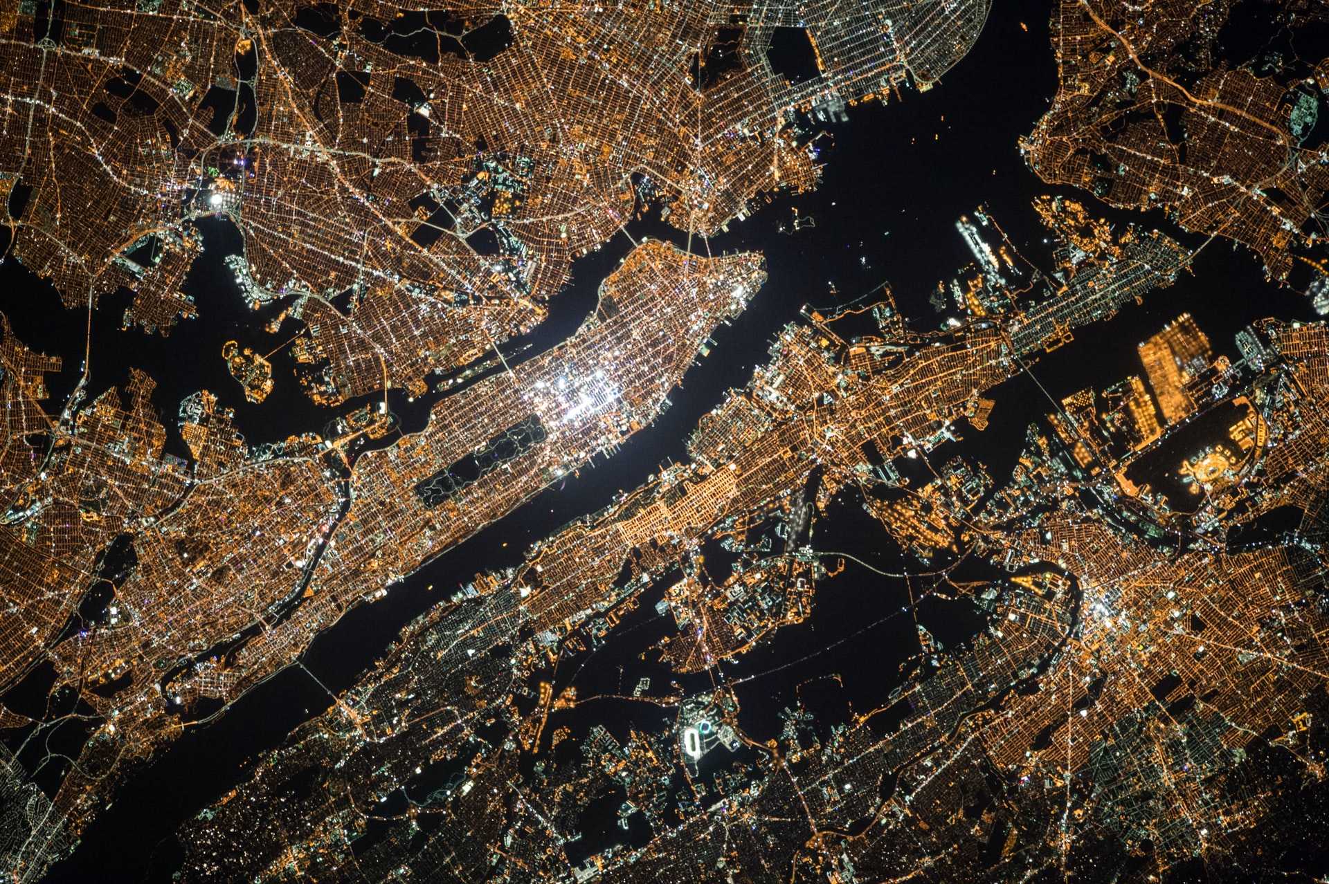 Satellite view of Manhattan at night.