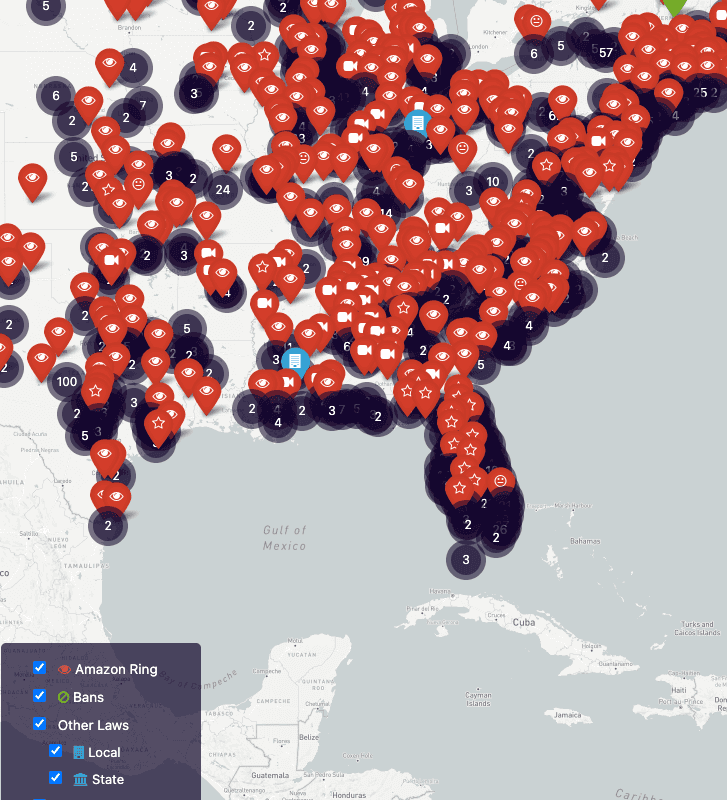A map of a website tracking deployments and bans of facial recognition technology by local government