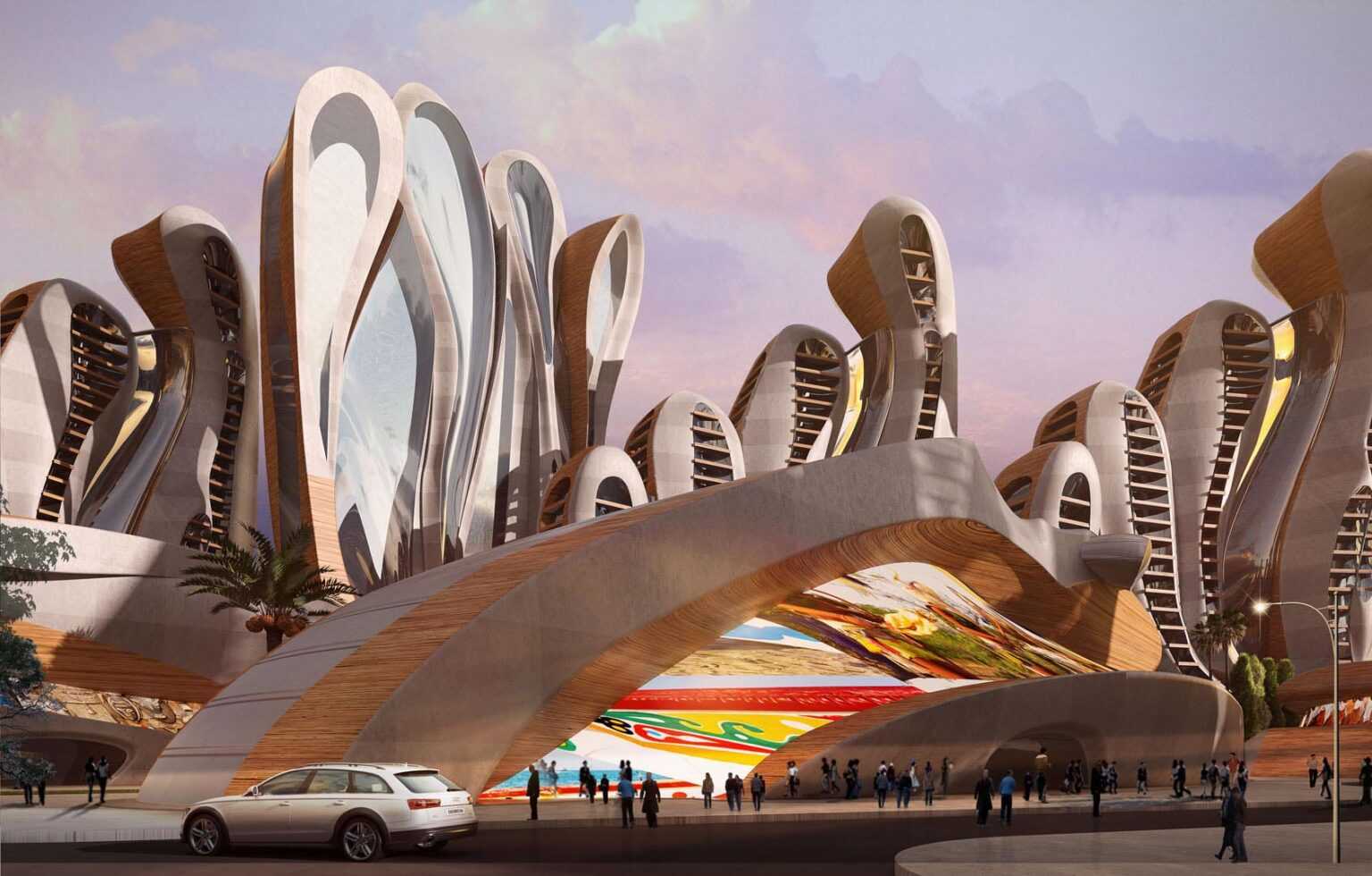 An artists rendering of a futuristic city in Africa