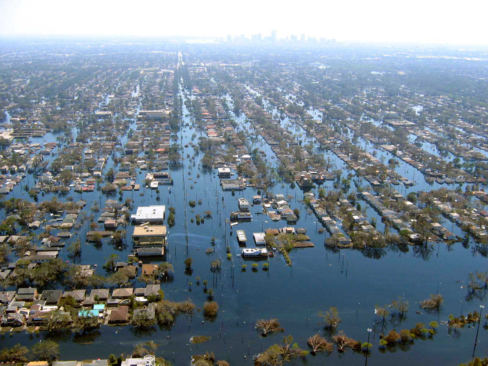 An aerial view of flooding in New Orleans after Hurricane Katrina.
