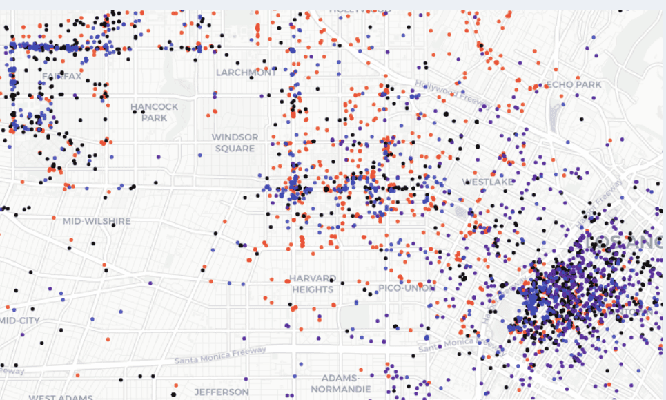 A map of LA's Koreatown highlights locations of scooters in real-time.
