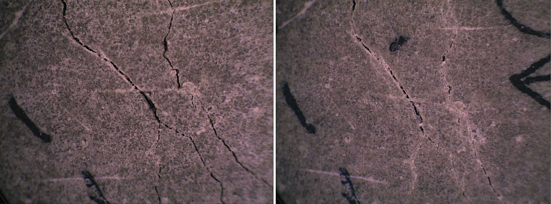 Before and after images of a self-healing concrete material with sealed cracks.