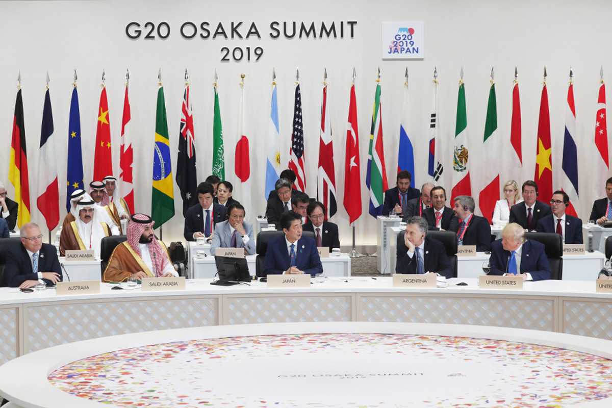 A gathering of diplomats at the G20 Osaka Summit 2019.